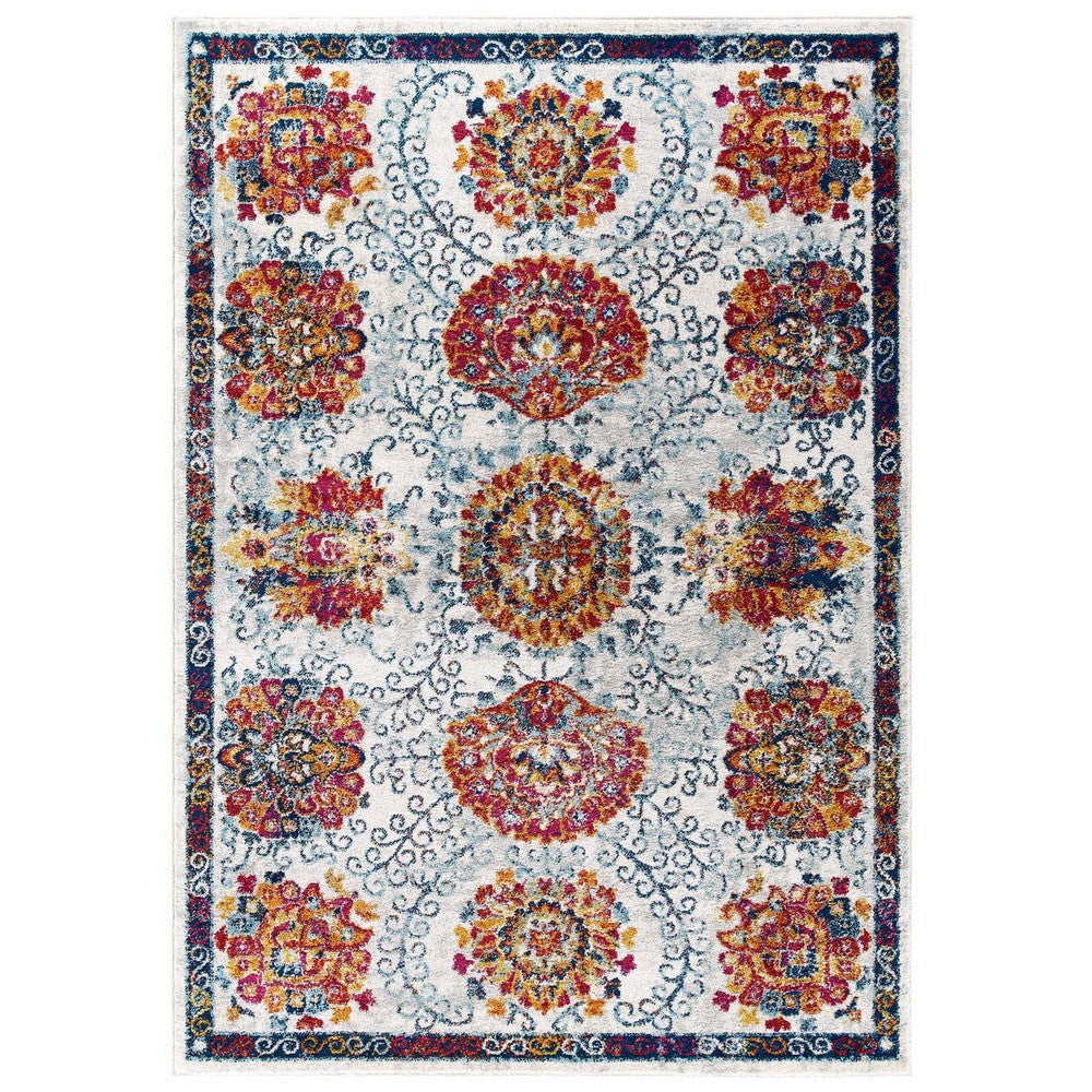 Modway Entourage Kensie Distressed Moroccan Trellis 8x10 Area Rug in Ivory, Blue, Red,Orange,Yellow