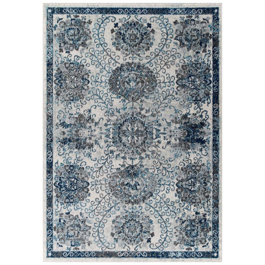 Modway Entourage Kensie Distressed Vintage Floral Moroccan Trellis Area Rug, 5x8, Ivory and Blue