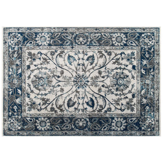 Modway Entourage Samira Distressed Vintage Floral Persian Medallion Area Rug, 5x8, Ivory and Blue