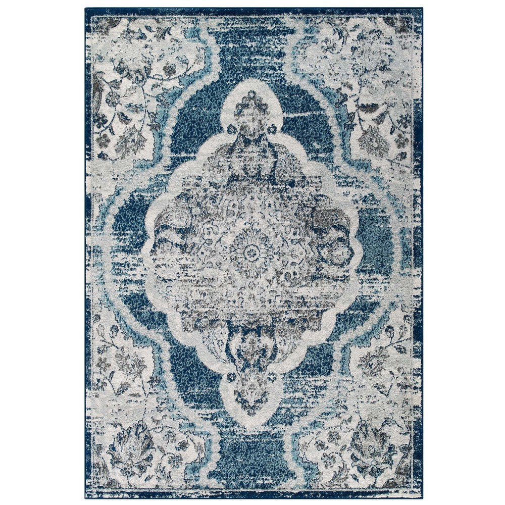 Modway Entourage Malia Distressed Vintage Floral Persian Medallion Area Rug, 5x8, Ivory and Blue