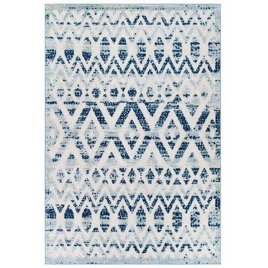 Modway Reflect Distressed Vintage Diamond and Chevron Moroccan Trellis 5x8 Indoor and Outdoor Area Rug, 5 ft x 8 ft, Tamako/Ivory and Blue