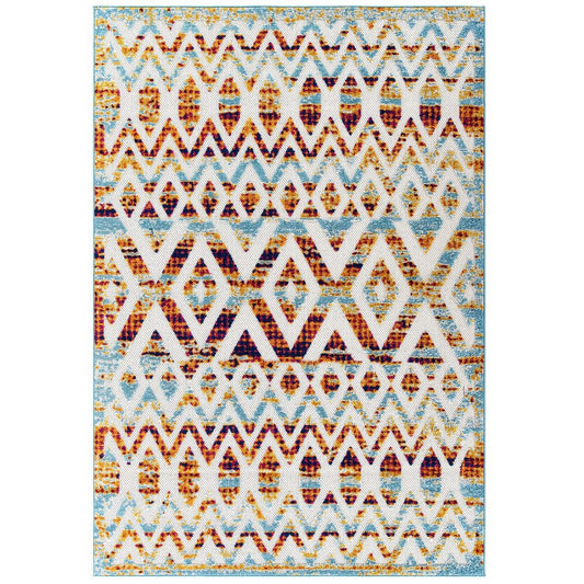 Modway Reflect Distressed Vintage Diamond and Chevron Moroccan Trellis 5x8 Indoor and Outdoor Area Rug, 5 ft x 8 ft, Tamako/Multicolored