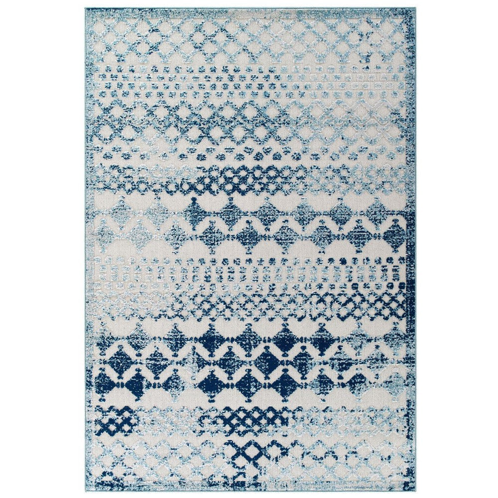 Modway Reflect Giada Distressed Vintage Abstract Diamond Moroccan Trellis 5x8 Indoor and Outdoor Area Rug, 5 ft x 8 ft, Ivory and Blue