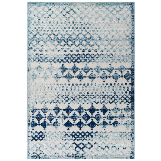 Modway Reflect Giada Distressed Vintage Abstract Diamond Moroccan Trellis 8x10 Indoor and Outdoor Area Rug, 8 ft x 10 ft, Ivory and Blue