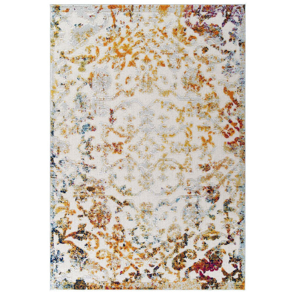 Modway Reflect Distressed Vintage Ornate Floral Lattice 5x8 Indoor and Outdoor Area Rug, 5 ft x 8 ft, Primrose/Ivory, Light Blue, Multicolored