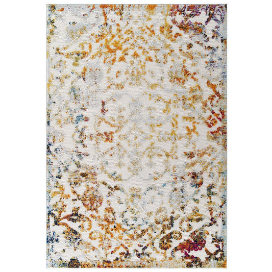 Modway Reflect Distressed Vintage Ornate Floral Lattice 5x8 Indoor and Outdoor Area Rug, 5 ft x 8 ft, Primrose/Ivory, Light Blue, Multicolored