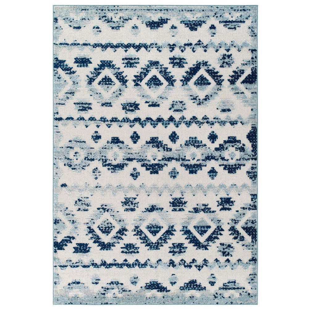 Modway Reflect Distressed Contemporary Abstract Diamond Moroccan Trellis 5x8 Indoor and Outdoor Area Rug, 5 ft x 8 ft, Takara/Ivory and Blue