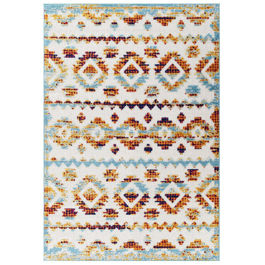 Modway Reflect Distressed Contemporary Abstract Diamond Moroccan Trellis 5x8 Indoor and Outdoor Area Rug, 5 ft x 8 ft, Takara/Multicolored