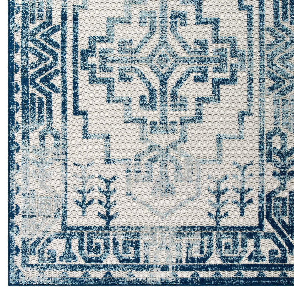 Modway Reflect Distressed Geometric Southwestern Aztec 5x8 Indoor and Outdoor Area Rug 5 ft x 8 ft Nyssa/Ivory and Blue MDY-R-1181B-58