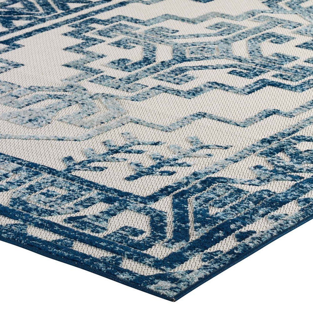 Modway Reflect Distressed Geometric Southwestern Aztec 5x8 Indoor and Outdoor Area Rug 5 ft x 8 ft Nyssa/Ivory and Blue MDY-R-1181B-58