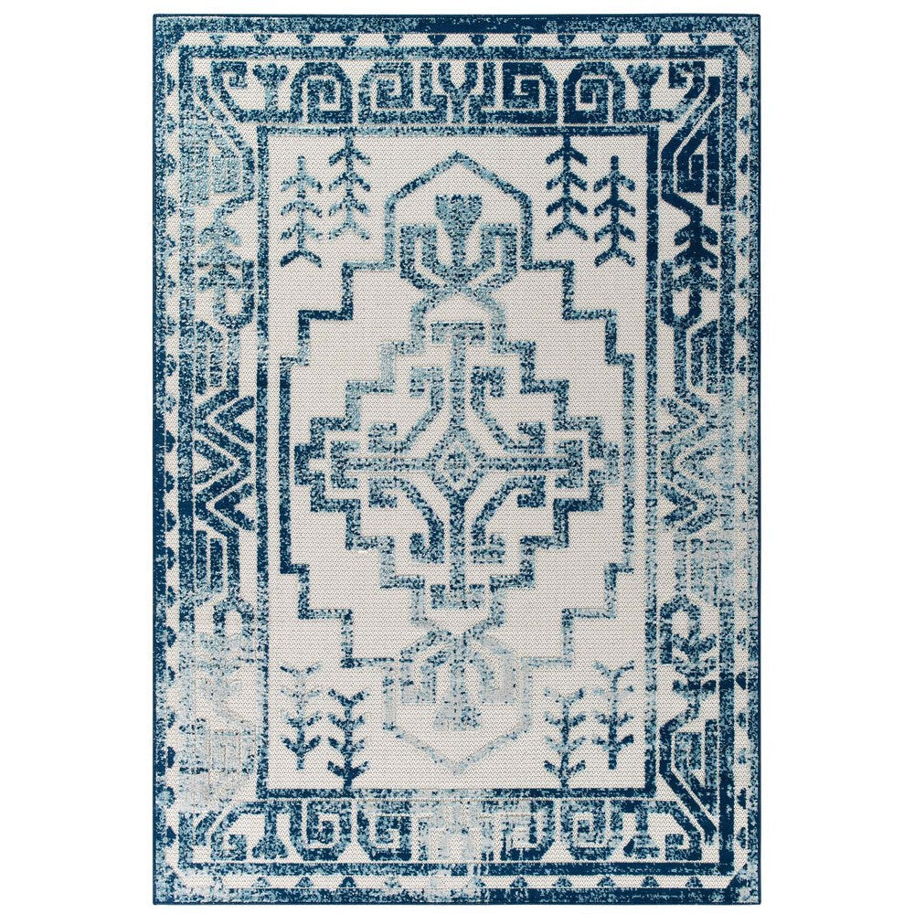 Modway Reflect Distressed Geometric Southwestern Aztec 5x8 Indoor and Outdoor Area Rug, 5 ft x 8 ft, Nyssa/Ivory and Blue