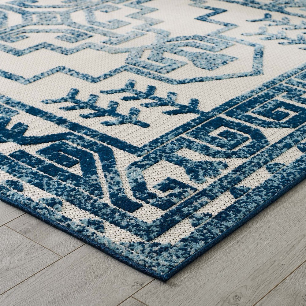 Modway Reflect Distressed Geometric Southwestern Aztec 5x8 Indoor and Outdoor Area Rug 5 ft x 8 ft Nyssa/Ivory and Blue MDY-R-1181B-58