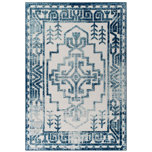 Modway Reflect Distressed Geometric Southwestern Aztec 8x10 Indoor and Outdoor Area Rug, 8 ft x 10 ft, Nyssa/Ivory and Blue