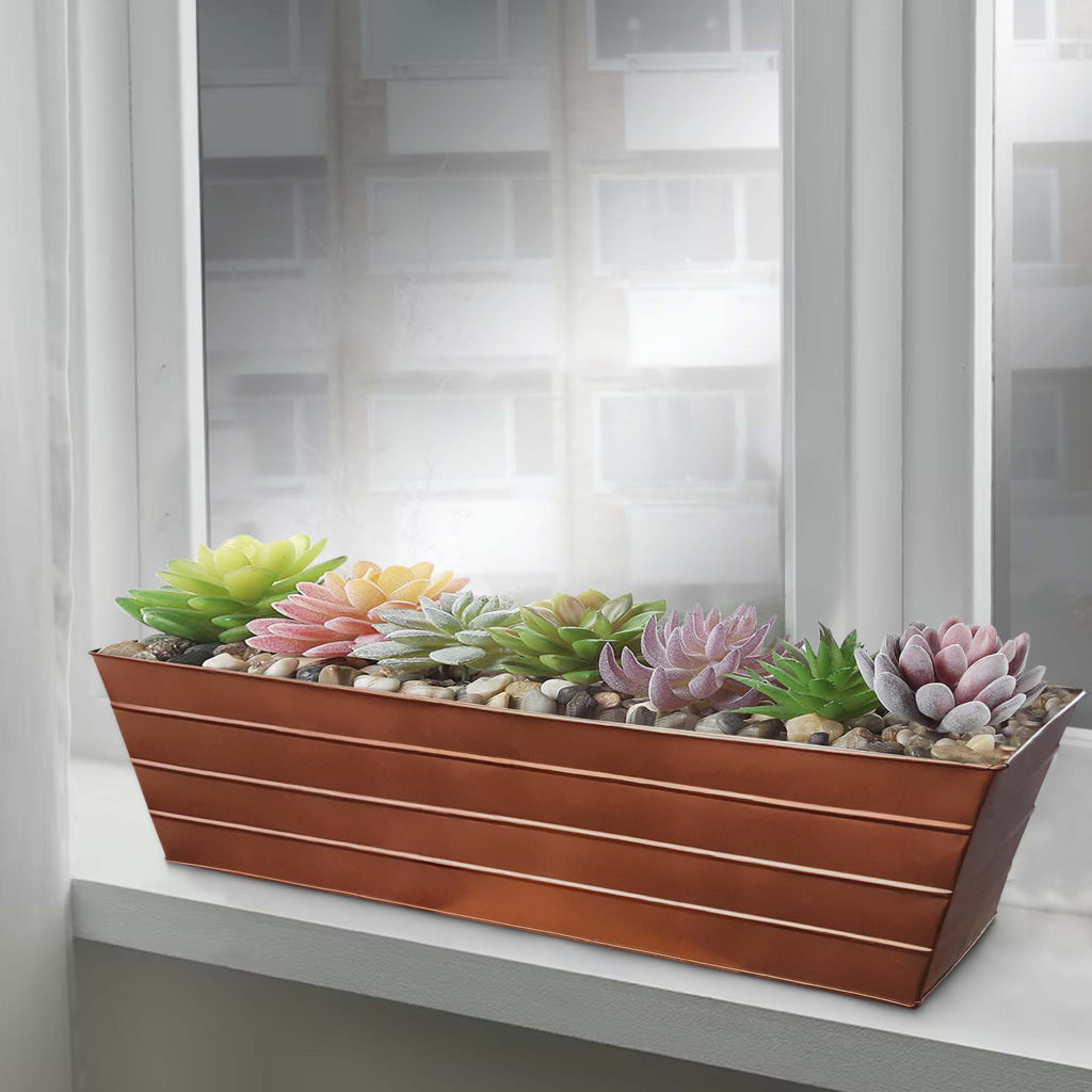 Rectangular Metal Flower Planter Box with Embossed Line Design Large Copper - BM195218 BM195218