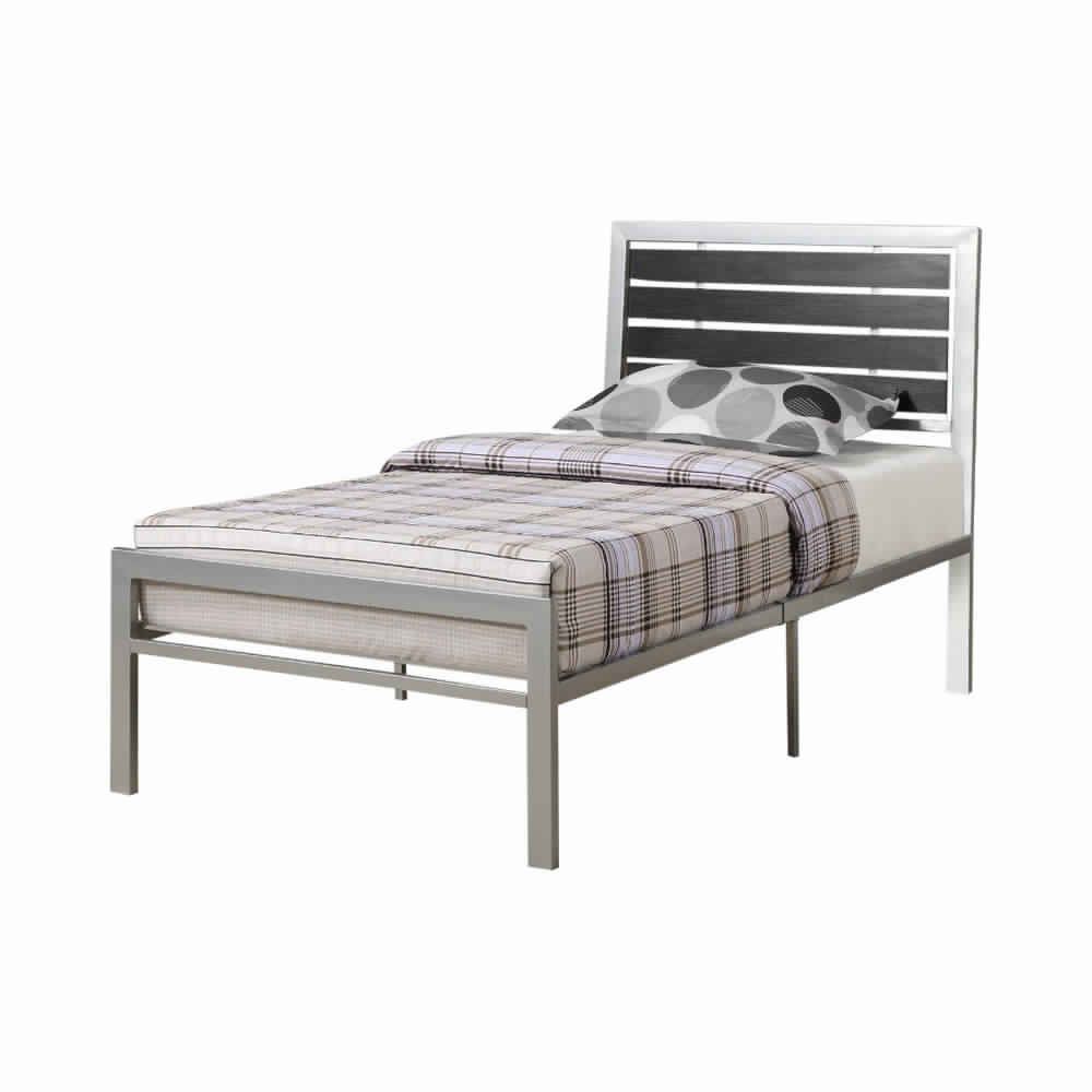 Metal Twin Size Bed With Wood Panel Headboard Silver & Black PDX-F9412T