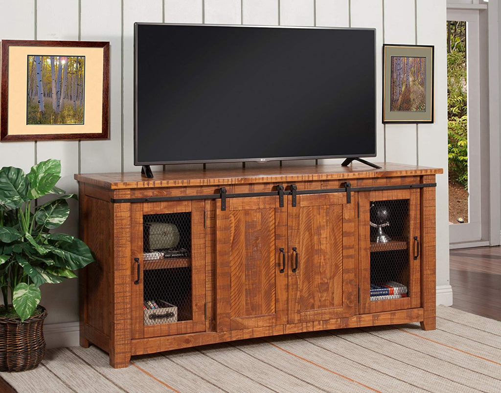 Wood and Metal TV Stand With 2 Mesh Style Doors Honey Tobacco Brown By Casagear Home SDF-90907