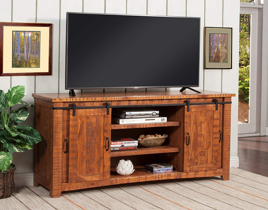 Wood and Metal TV Stand With 2 Mesh Style Doors Honey Tobacco Brown By Casagear Home SDF-90907