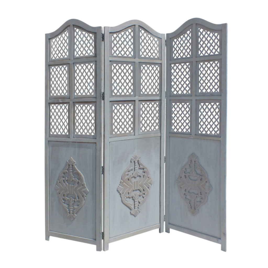 Three Panel Wooden Room Divider with Traditional Carvings and Cutouts Blue By The Urban Port UPT-164564