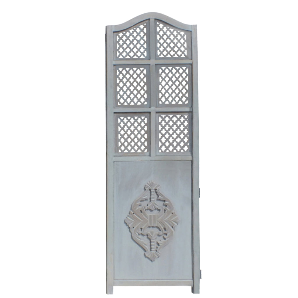 Three Panel Wooden Room Divider with Traditional Carvings and Cutouts Blue By The Urban Port UPT-164564