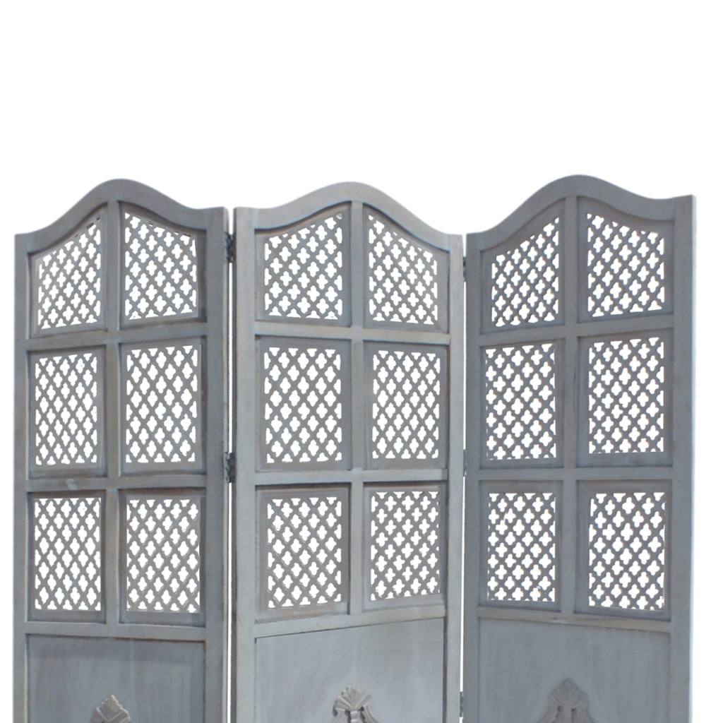 Three Panel Wooden Room Divider with Traditional Carvings and Cutouts Blue By The Urban Port UPT-164564