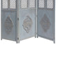 Three Panel Wooden Room Divider with Traditional Carvings and Cutouts Blue By The Urban Port UPT-164564