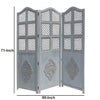 Three Panel Wooden Room Divider with Traditional Carvings and Cutouts Blue By The Urban Port UPT-164564