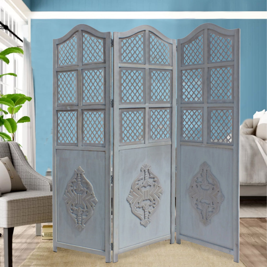 Three Panel Wooden Room Divider with Traditional Carvings and Cutouts, Blue By The Urban Port