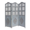 Three Panel Wooden Room Divider with Traditional Carvings and Cutouts Blue By The Urban Port UPT-164564