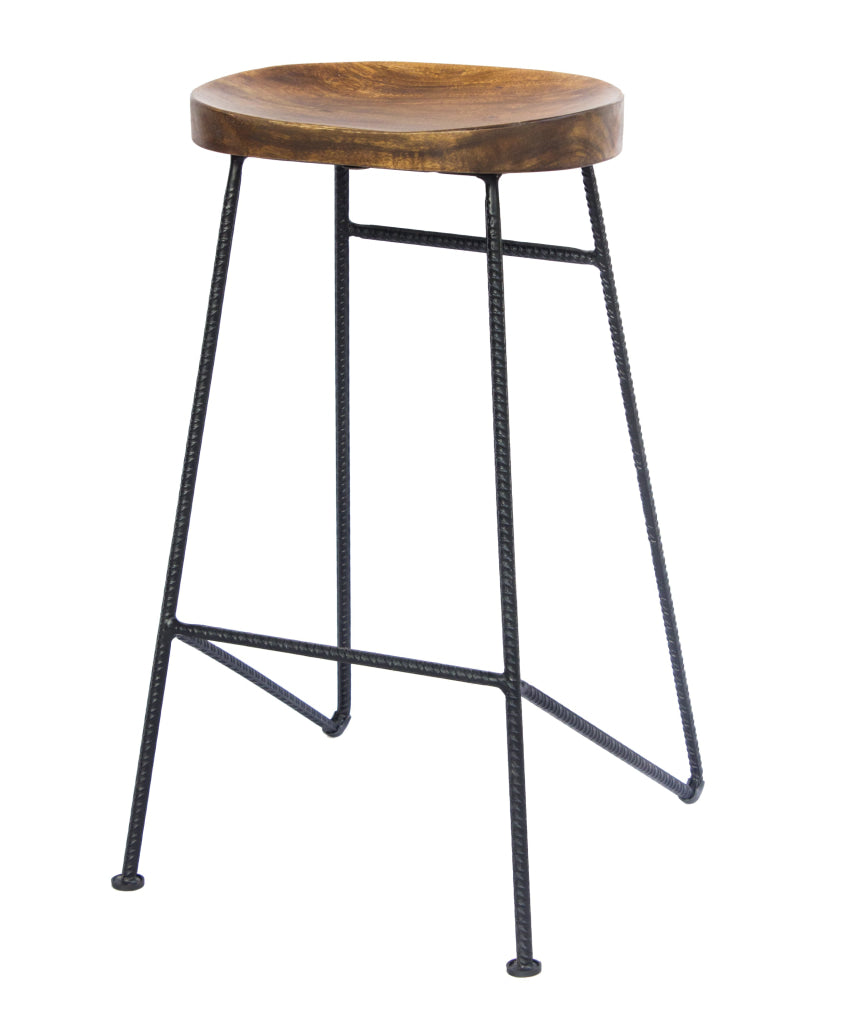 Jael 28 Inch Bar Stool with Mango Wood Saddle Seat Iron Rod Legs Brown and Black The Urban Port UPT-183797