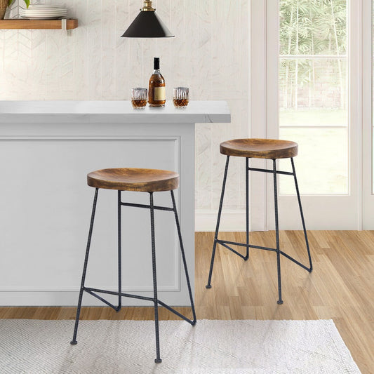 Jael 28 Inch Bar Stool with Mango Wood Saddle Seat Iron Rod Legs Brown and Black The Urban Port UPT-183797