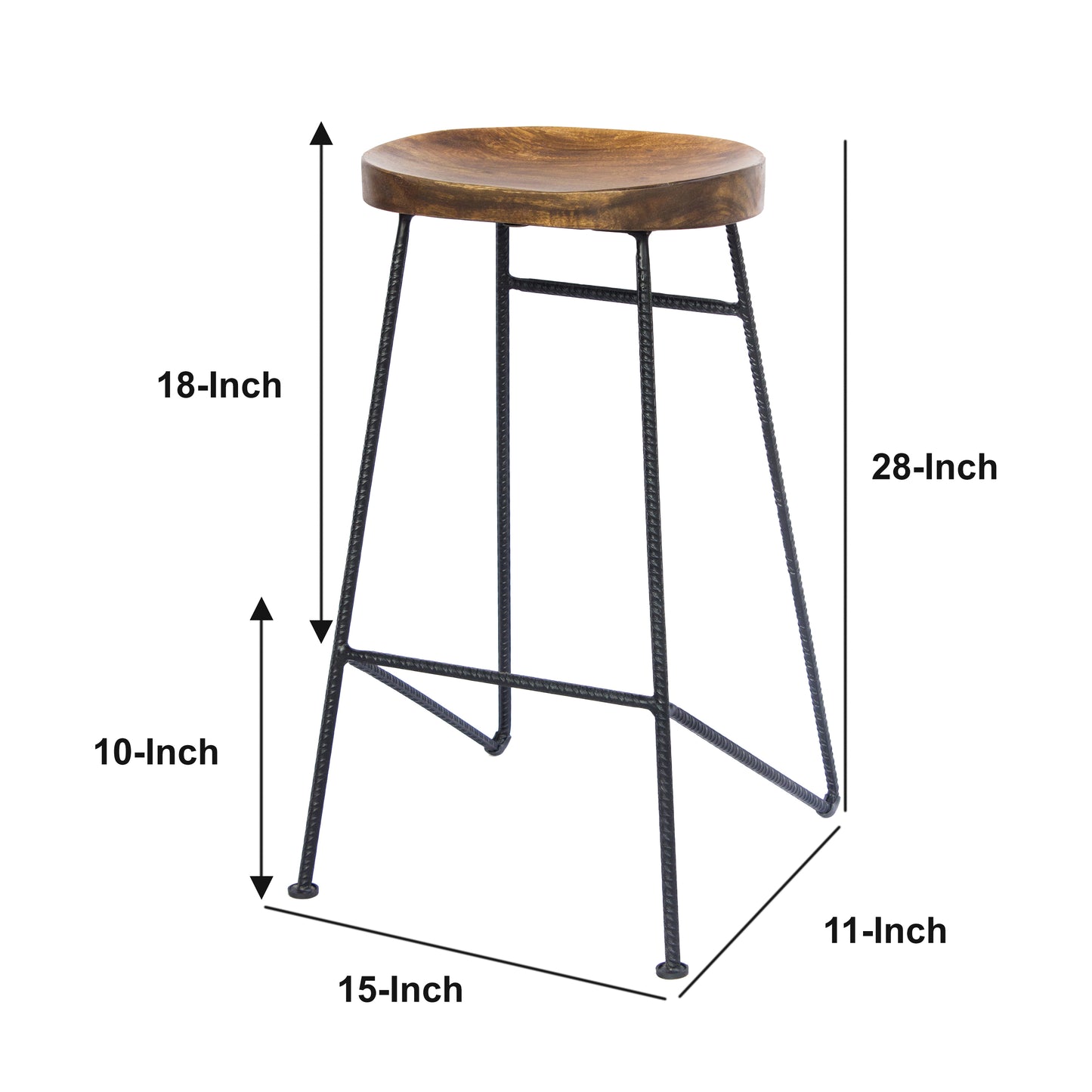 Jael 28 Inch Bar Stool with Mango Wood Saddle Seat Iron Rod Legs Brown and Black The Urban Port UPT-183797