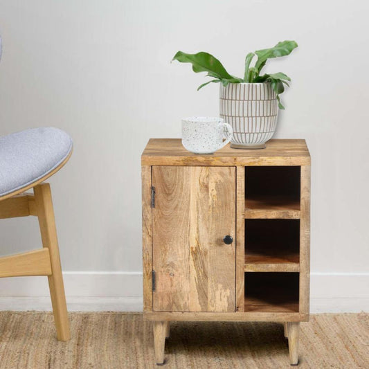 27 Inch Mango Wood Side Table, Open Cubbies, 1 Door Cabinet, Natural Brown By The Urban Port