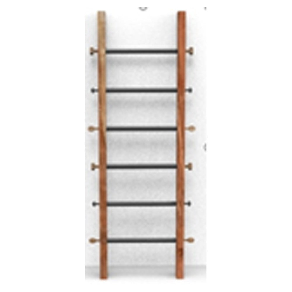 Wood and Metal Live Edge Ladder Shelf with Finial Joints, Brown and Black By Casagear Home