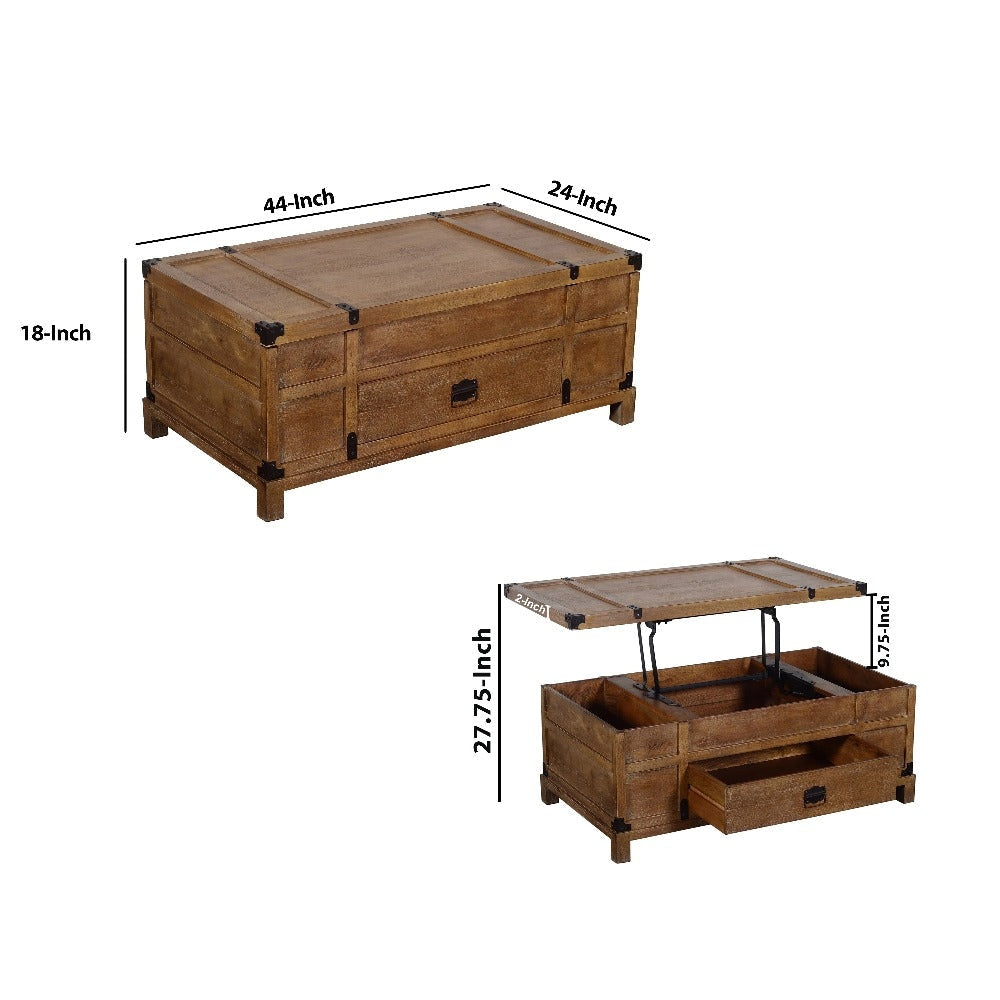 Rustic Single Drawer Mango Wood Coffee Table with Lift Top Storage & Compartments Brown By The Urban Port UPT-215750