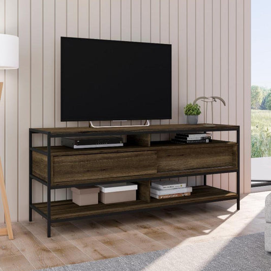 58" Wooden TV Stand with 2 Drawers, Brown and Black By The Urban Port