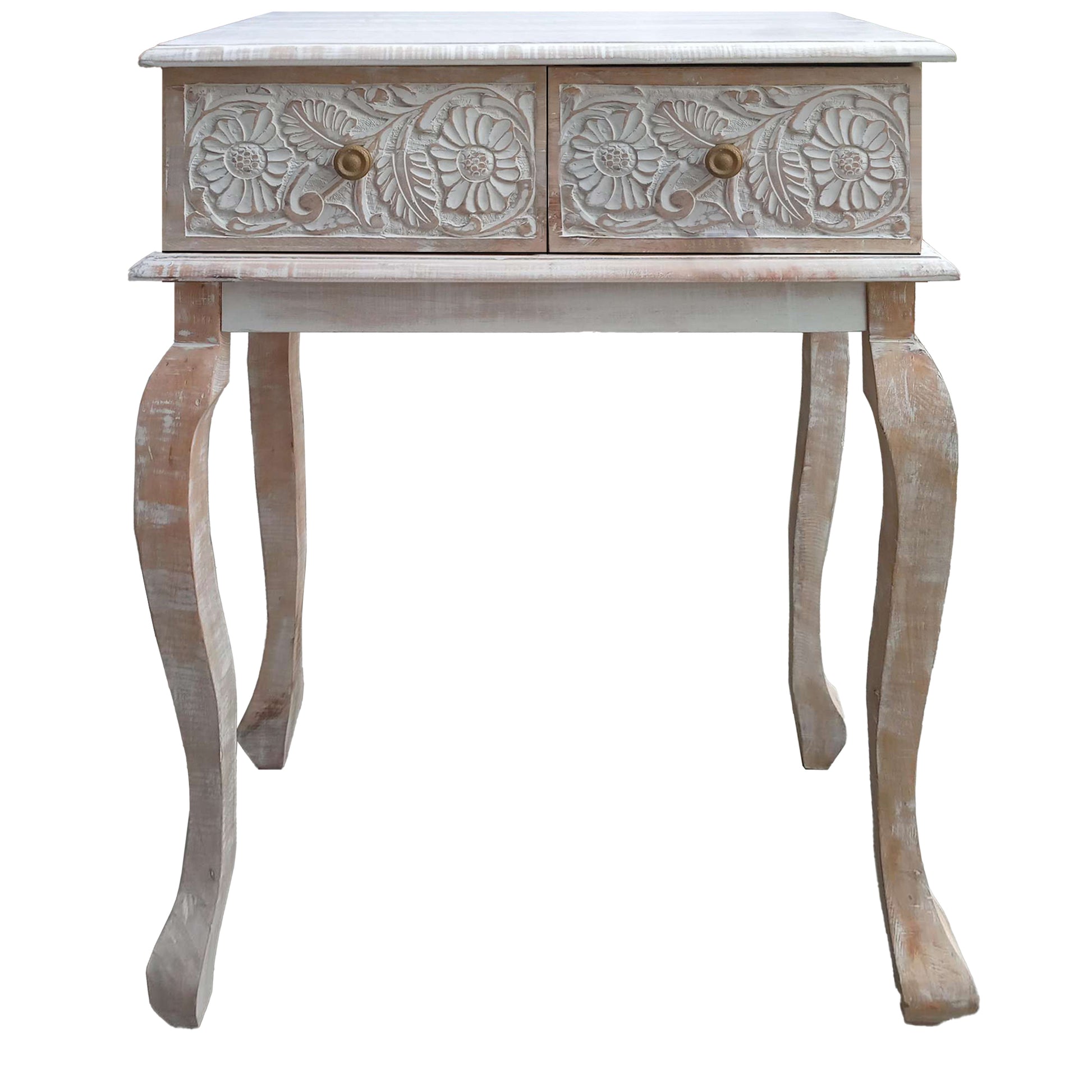 2 Drawer Mango Wood Console Table with Floral Carved Front Brown and White By The Urban Port UPT-226283