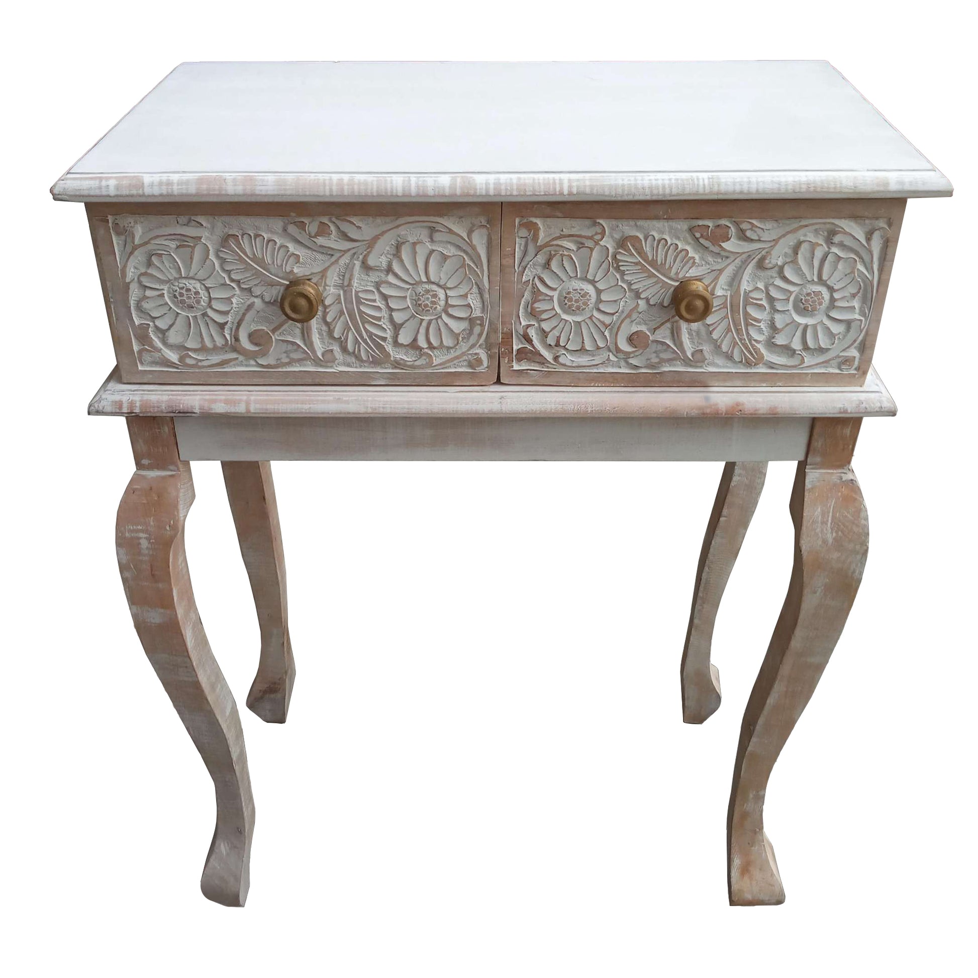 2 Drawer Mango Wood Console Table with Floral Carved Front Brown and White By The Urban Port UPT-226283