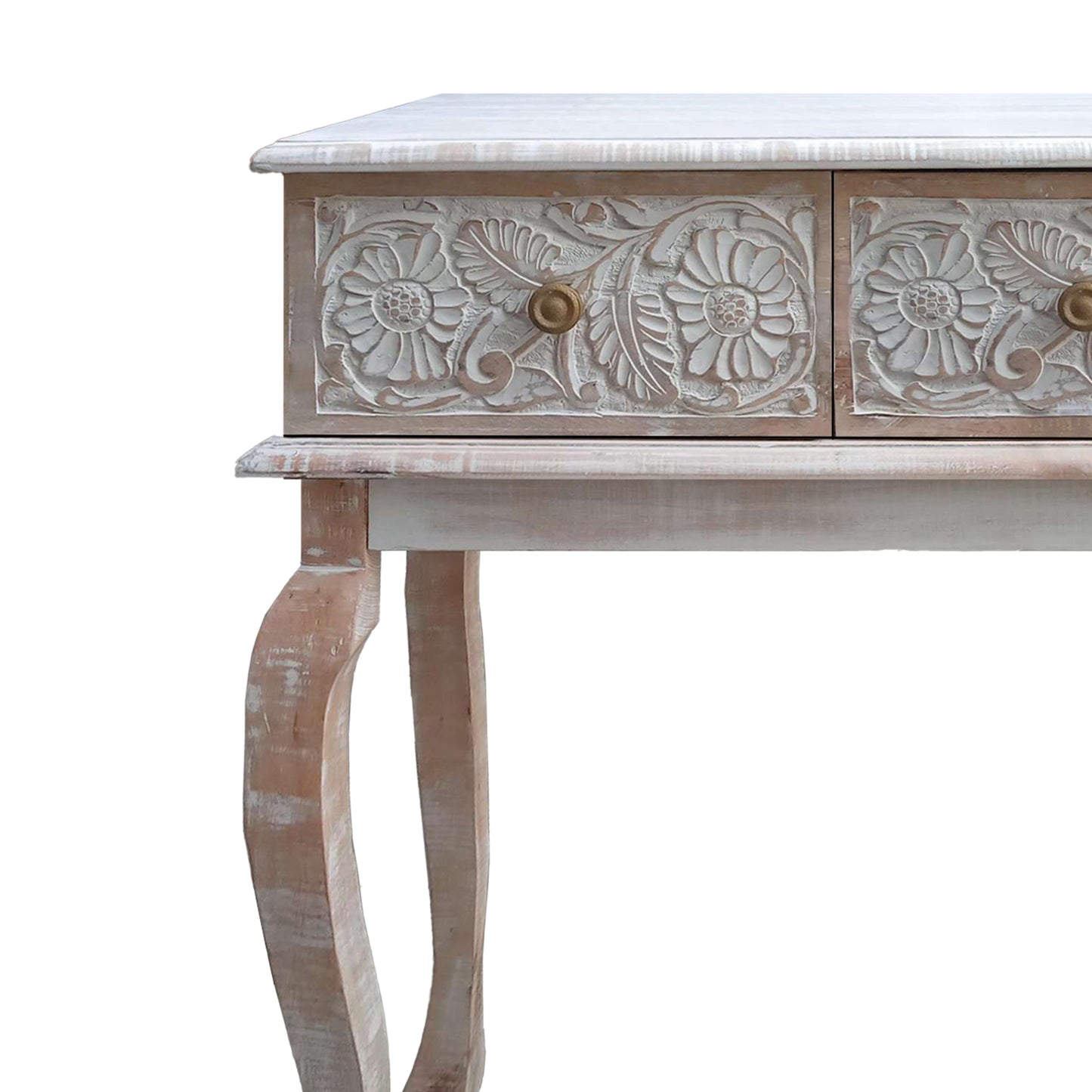 2 Drawer Mango Wood Console Table with Floral Carved Front Brown and White By The Urban Port UPT-226283