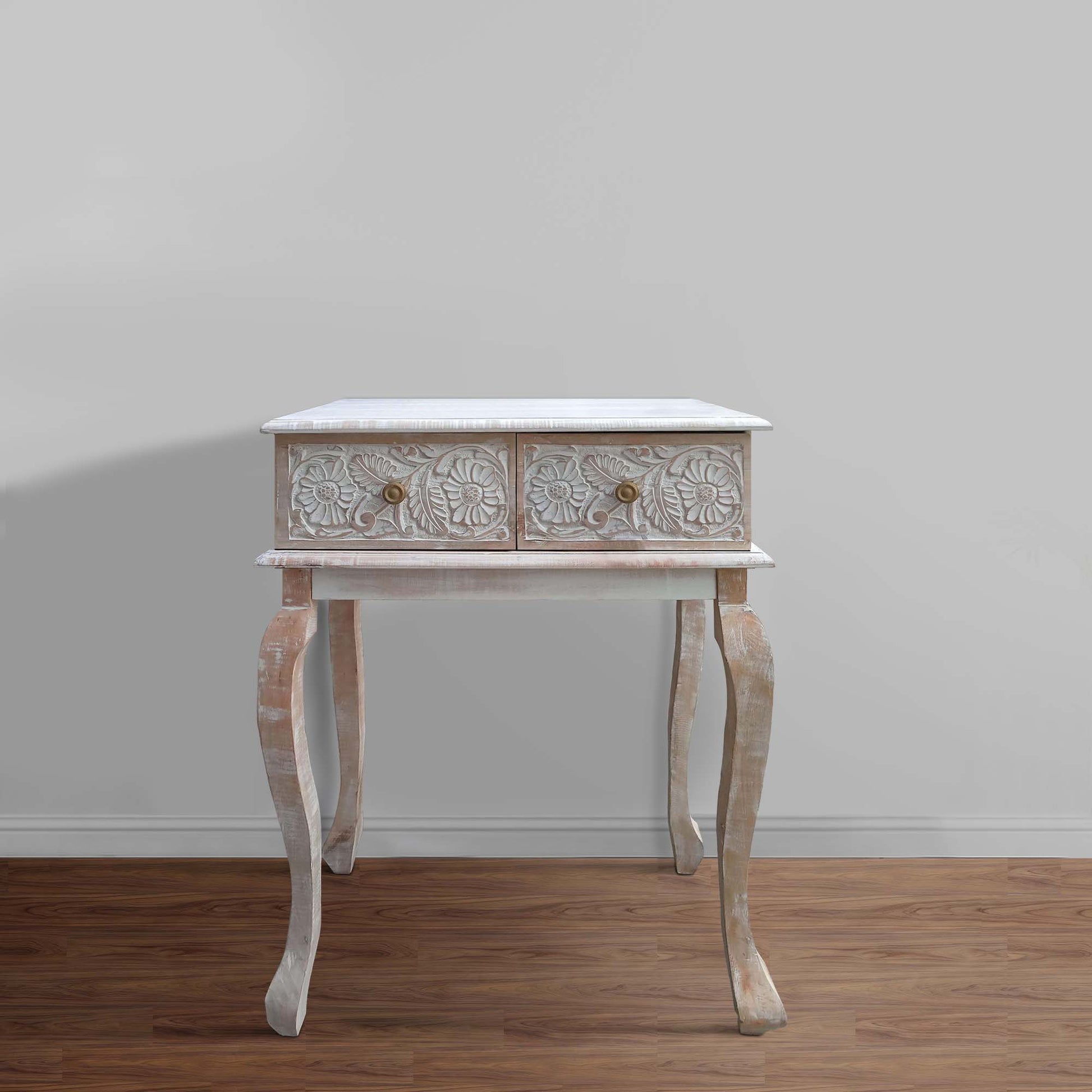 2 Drawer Mango Wood Console Table with Floral Carved Front Brown and White By The Urban Port UPT-226283