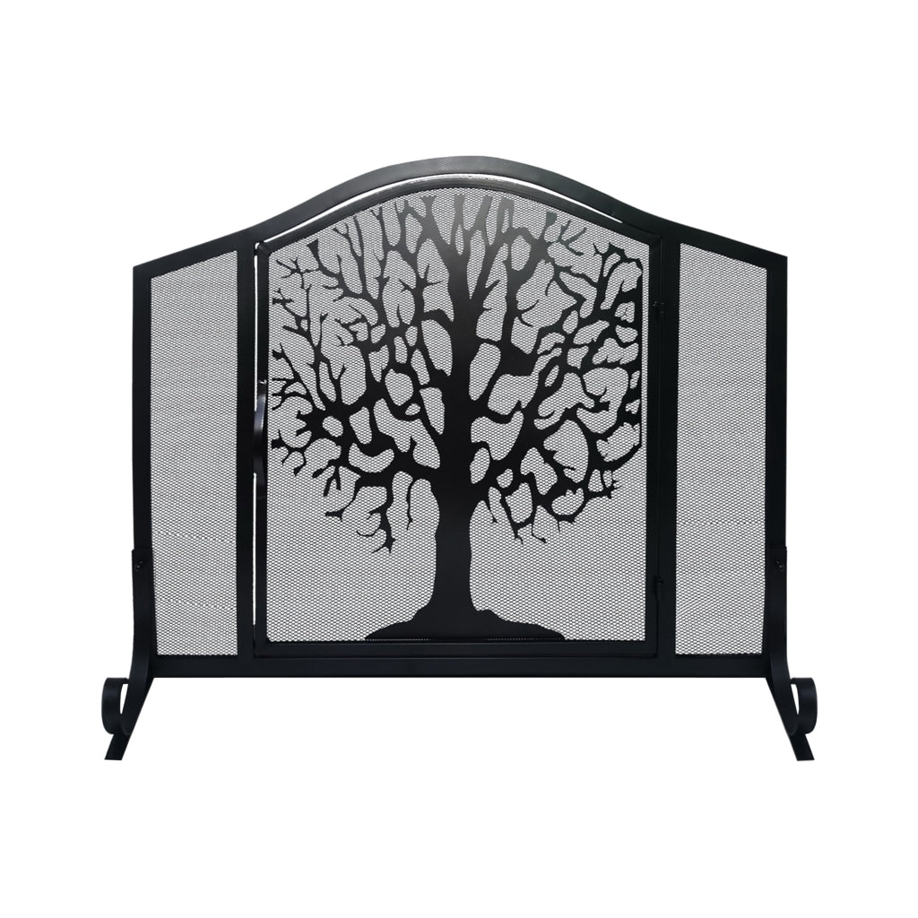 43 Inches 3 Panel Iron Fireplace Screen Mesh Design Arched Top Tree of Life Art Black By The Urban Port UPT-232047