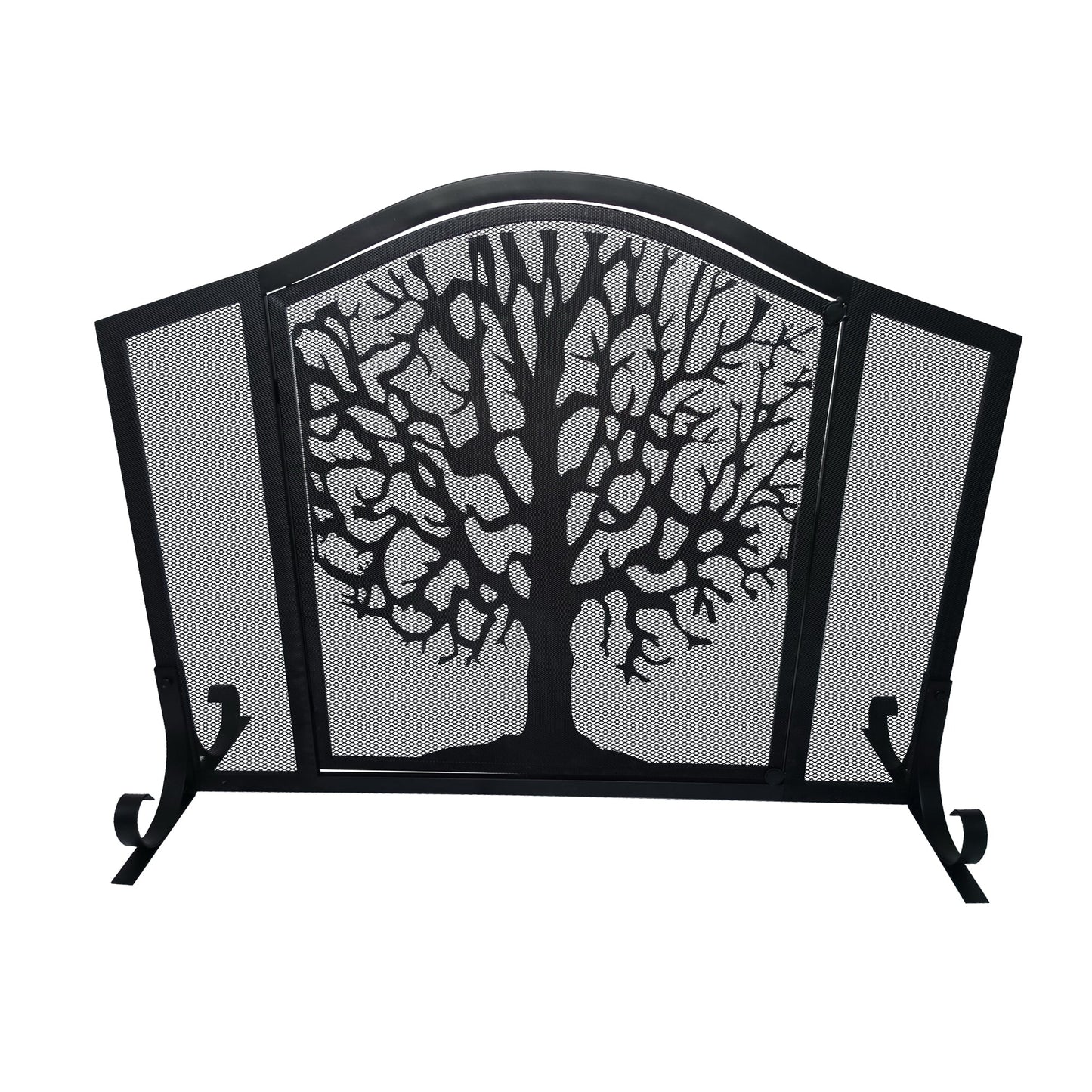 43 Inches 3 Panel Iron Fireplace Screen Mesh Design Arched Top Tree of Life Art Black By The Urban Port UPT-232047