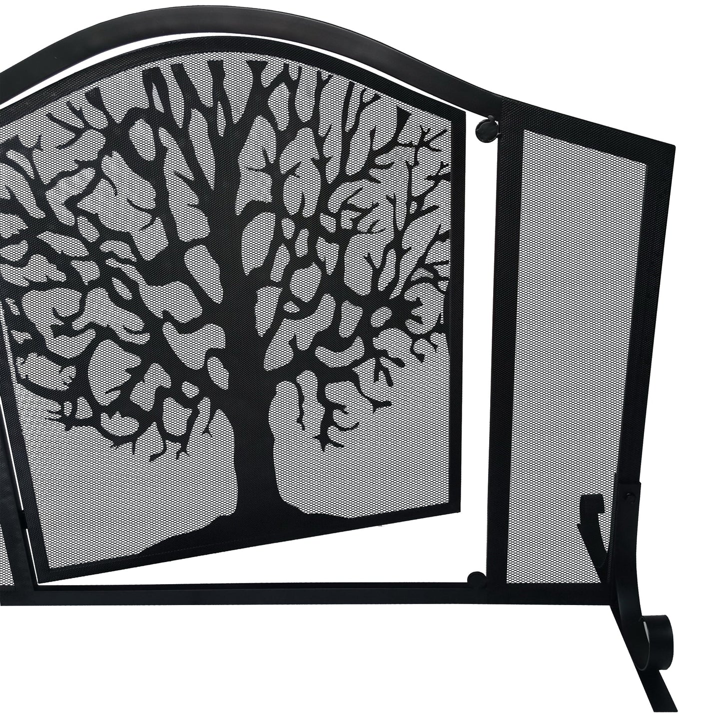 43 Inches 3 Panel Iron Fireplace Screen Mesh Design Arched Top Tree of Life Art Black By The Urban Port UPT-232047