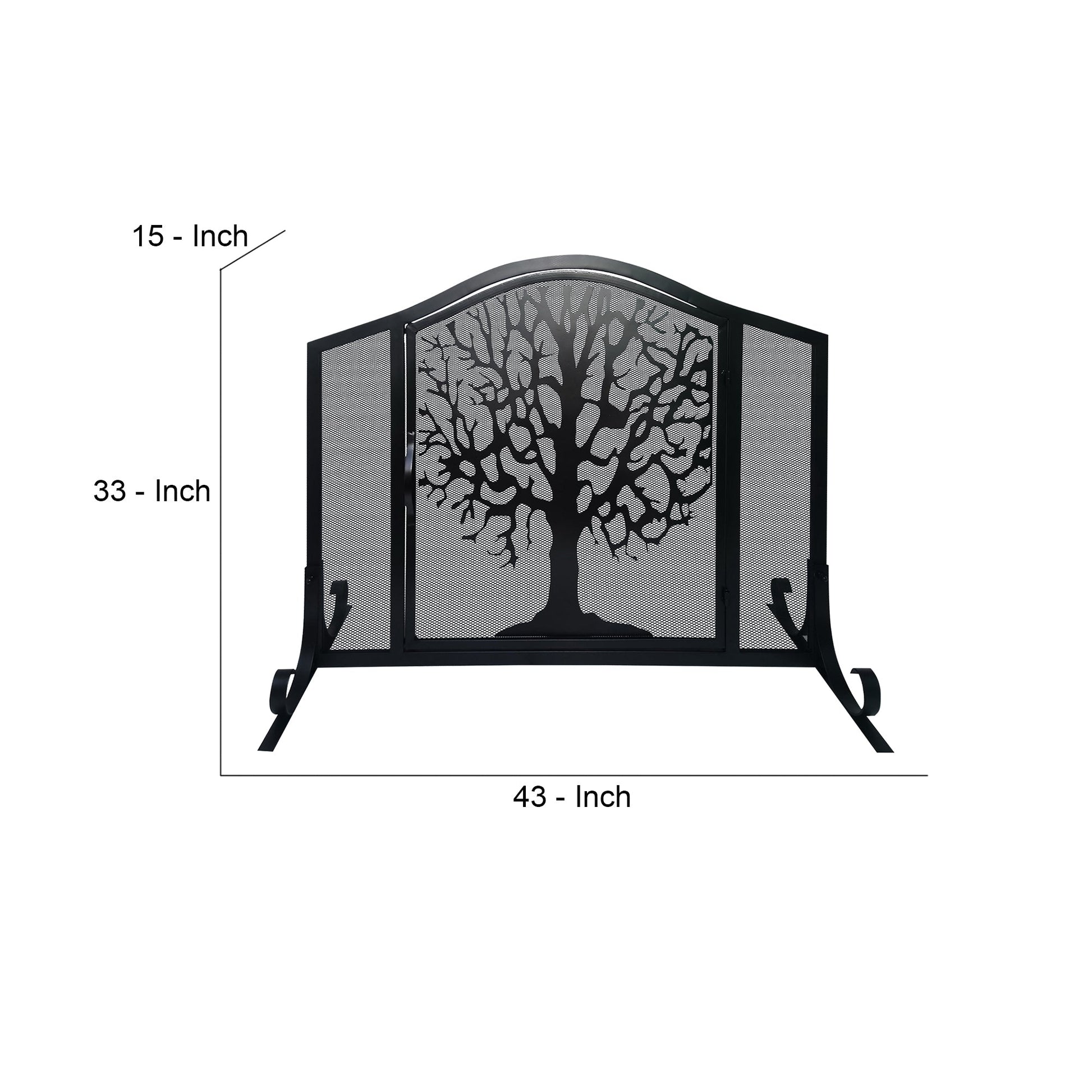 43 Inches 3 Panel Iron Fireplace Screen Mesh Design Arched Top Tree of Life Art Black By The Urban Port UPT-232047