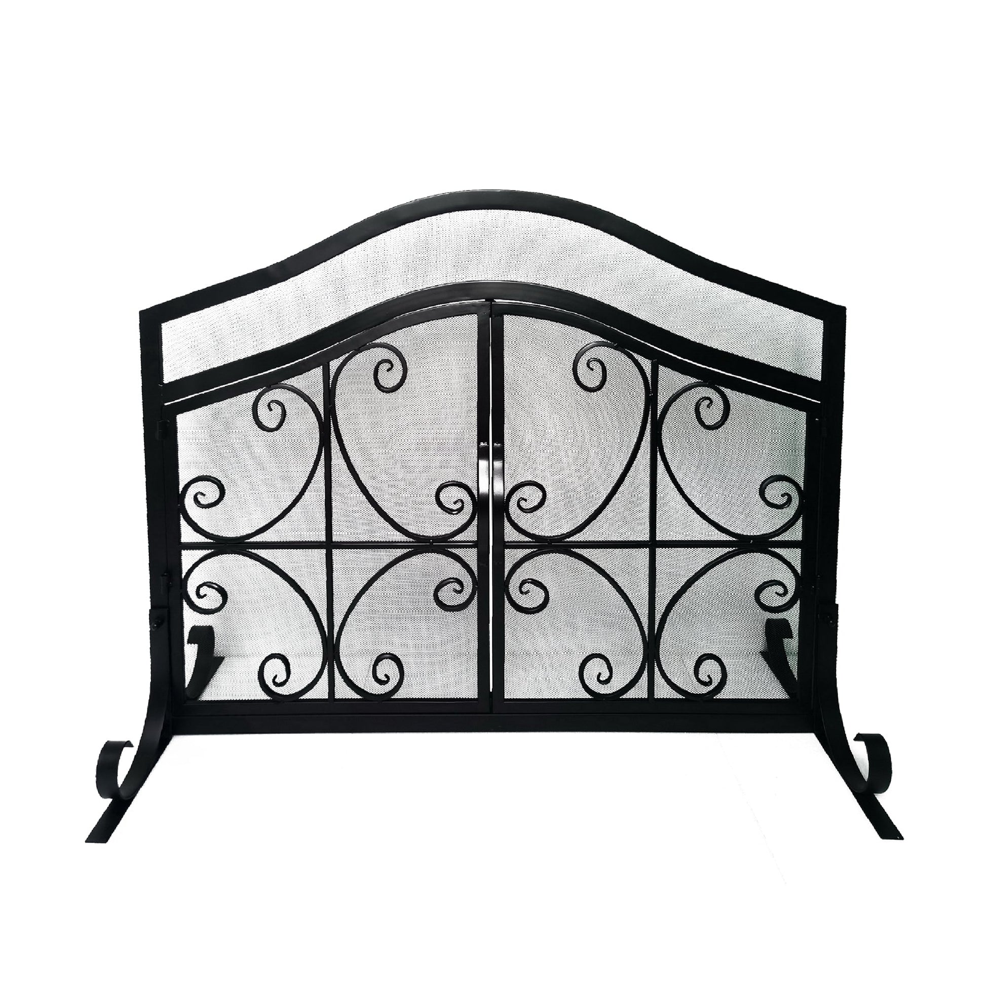 43 Inches 2 Door Iron Fireplace Screen Mesh Design Scrollwork Black By The Urban Port UPT-232048