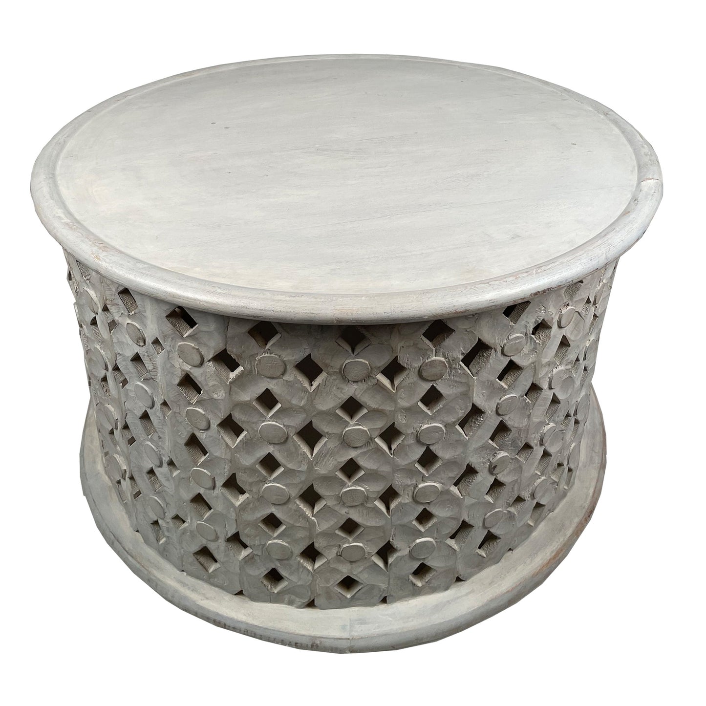 Cato 28 Inch Artisanal Round Mango Wood Coffee Table Intricate Diamond Lattice Cut Out Frame Washed White By The Urban Port UPT-241080