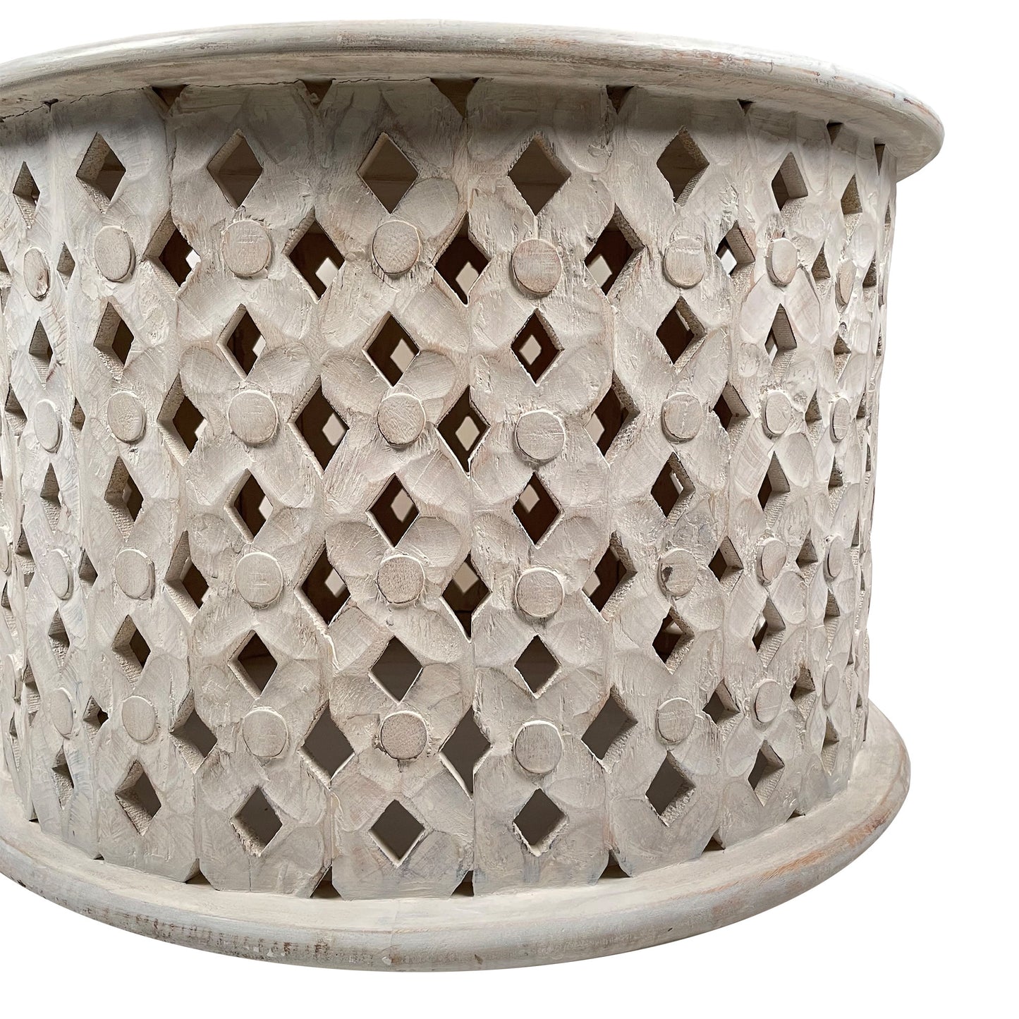 Cato 28 Inch Artisanal Round Mango Wood Coffee Table Intricate Diamond Lattice Cut Out Frame Washed White By The Urban Port UPT-241080