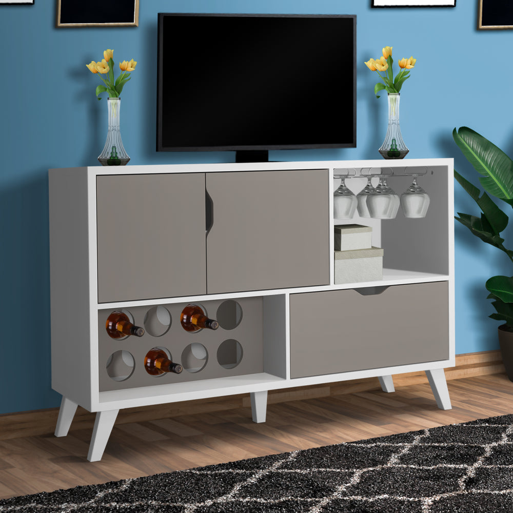 Coco 54 Inch 2 Door Wine Bar Cabinet TV Entertainment Console Wine Rack 1 Drawer White Gray By The Urban Port UPT-242348