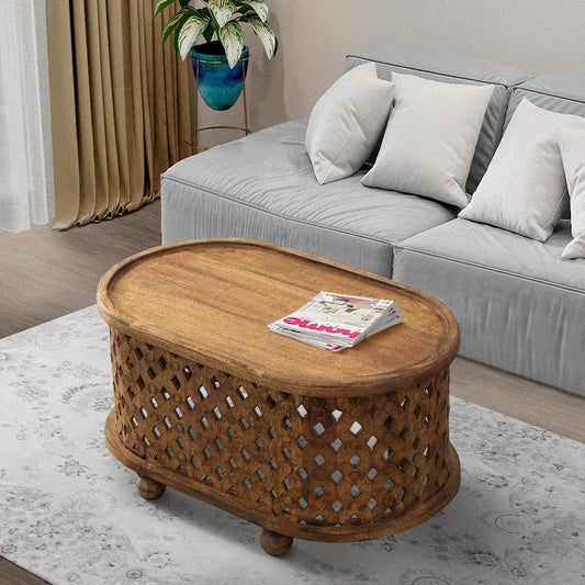 36 Inch Handcrafted Oval Coffee Table, Intricate Cutout Design, Antique Brown By The Urban Port