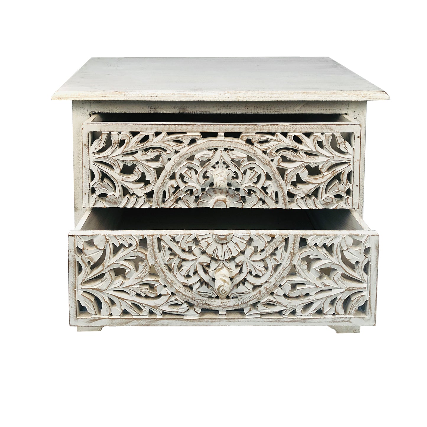 Olta 24 Inch Handcrafted Mango Wood Nightstand Side Table 2 Drawers Floral Carved Cut Out Design Antique White By The Urban Port UPT-248138