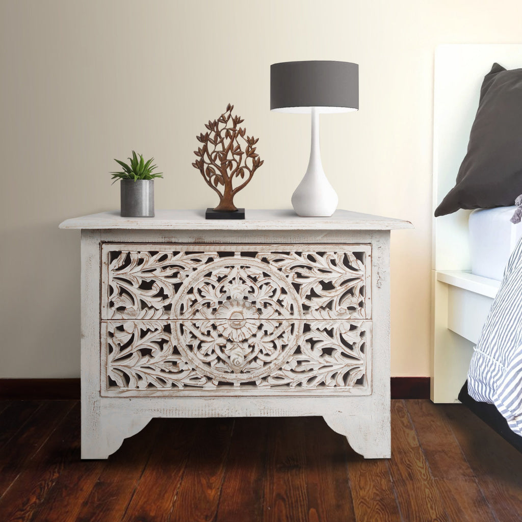 Olta 24 Inch Handcrafted Mango Wood Nightstand Side Table 2 Drawers Floral Carved Cut Out Design Antique White By The Urban Port UPT-248138